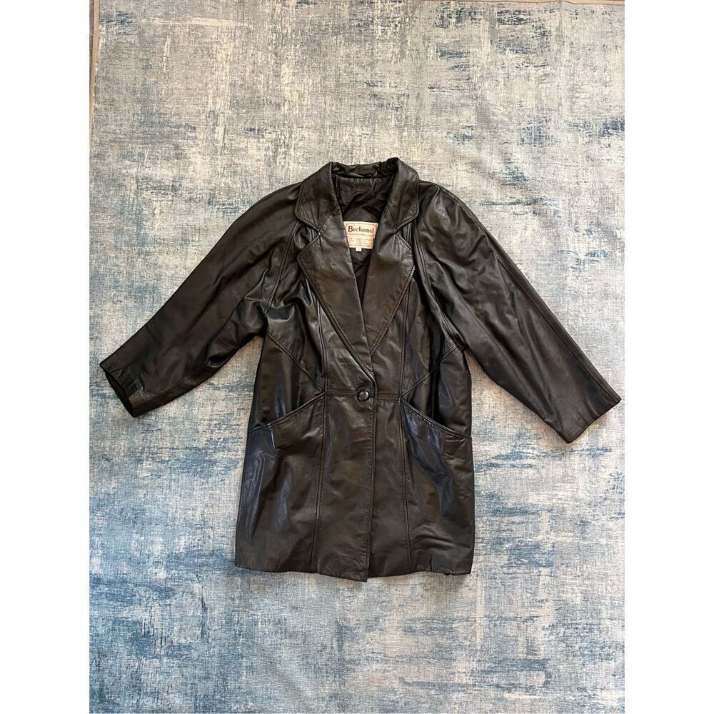 Vintage Bechamel Black Genuine Leather Coat Women's Medium
